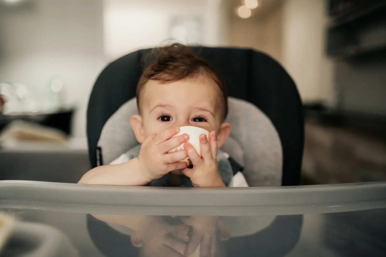 Bebê de seis meses na cadeirinha de alimentação